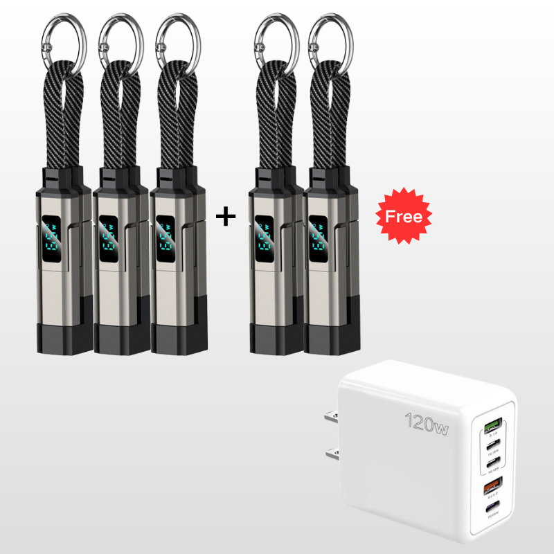 ๐ 4-in-1 Charging Cable with Digital Display & Keychain โ Fast-Charging, Kink-Resistant & Compact