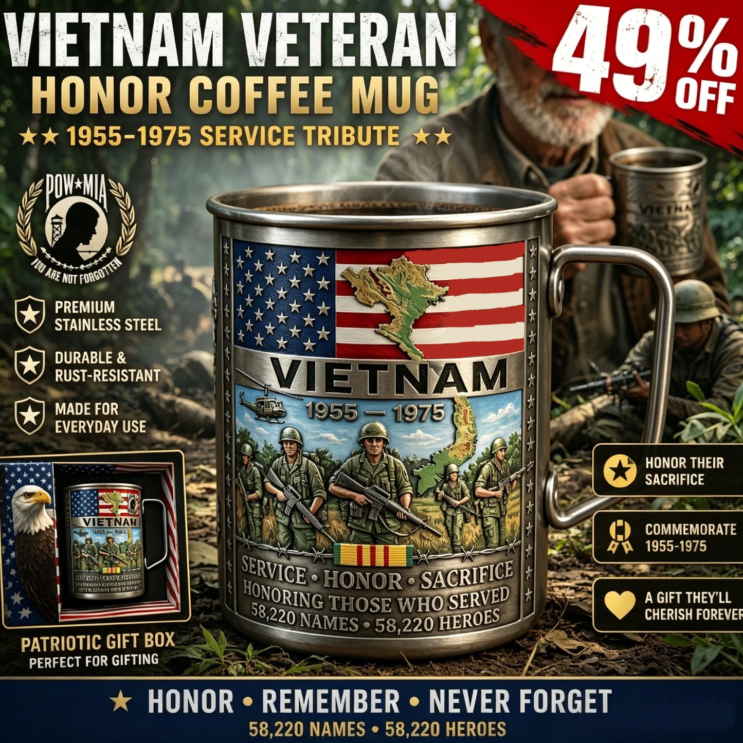 🔥LAST DAY 49% OFF 🎖️Vietnam Veteran Honor Coffee Mug – 1955-1975 Service Tribute
