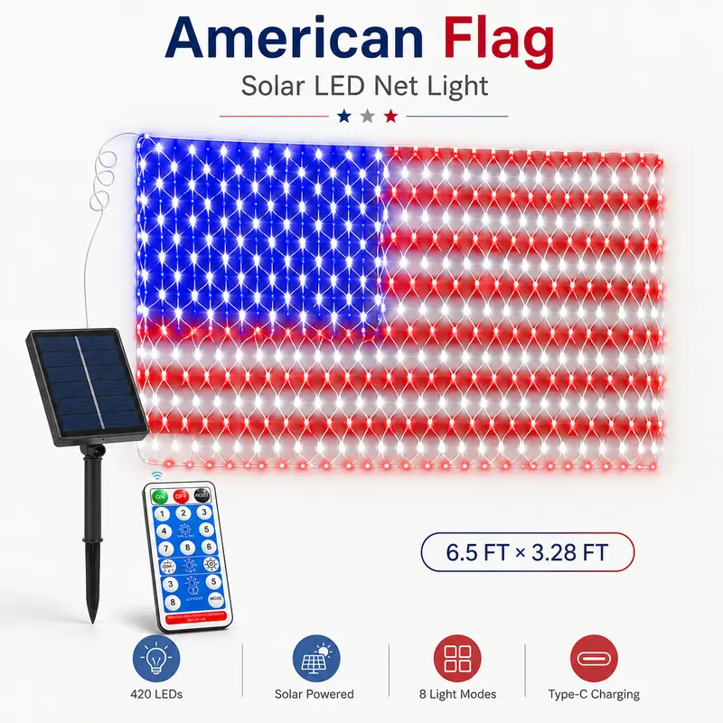 Last Day 49% OFF🔥Solar American Flag Lights Outdoor American Flag Net Lights 6.5ft x 3.28ft Super Bright