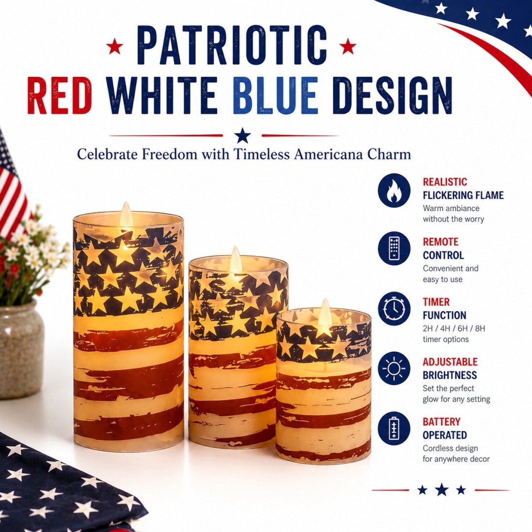 🔥 2026 Hot Sale - 🇺🇸 3-Piece Patriotic Flameless Candle Set – Perfect 4th of July & Summer Home Decor 🕯️🇺🇸