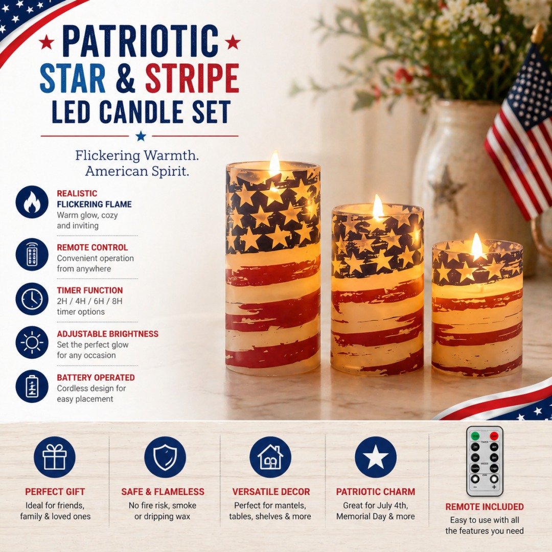 🔥 2026 Hot Sale - 🇺🇸 3-Piece Patriotic Flameless Candle Set – Perfect 4th of July & Summer Home Decor 🕯️🇺🇸