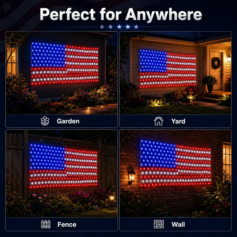 Last Day 49% OFF🔥Solar American Flag Lights Outdoor American Flag Net Lights 6.5ft x 3.28ft Super Bright